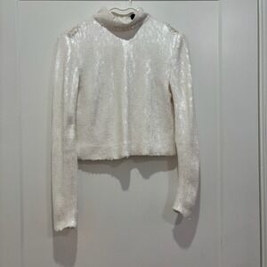 ME+EM White Sequin‎ High Neck Cropped Long Sleeve Top AW25JT435 US 2